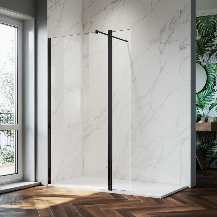 ELEGANT Black Fittings 1000mm Clear Easy Clean Walk-In Shower Screen With Return Panel Wet Room Screen