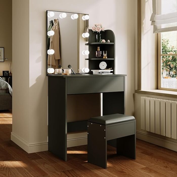 ELEGANT Black Dressing Table with Hollywood LED Lights Mirror,Stool included