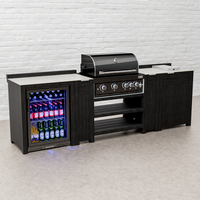 Draco Grills Teak Carbon Line Modular Outdoor Kitchen 4 Burner Black Stainless Steel Barbecue with Side Burner and Single Fridge Cabinet