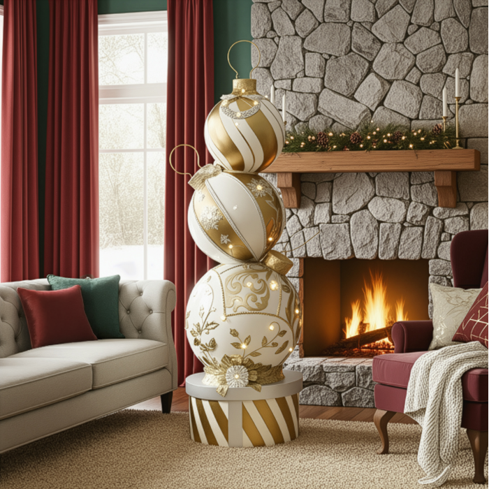 5ft Gold and White Christmas Bauble Stack with Warm White LED Lights