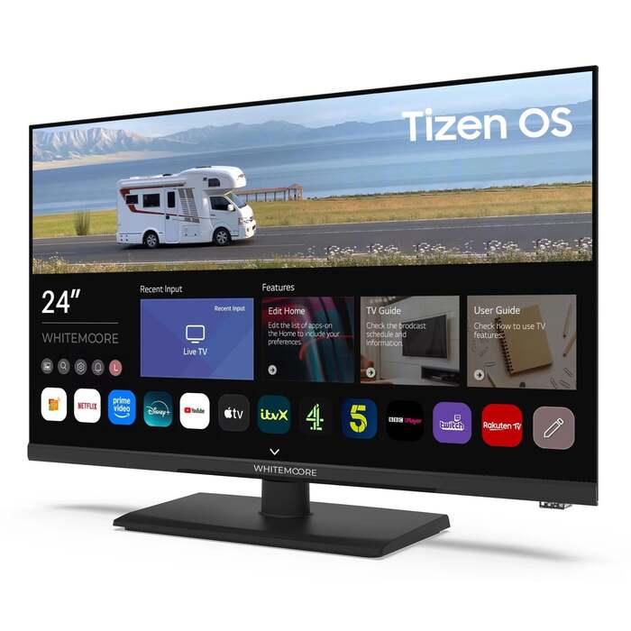 Whitemoore 24” 12V/24V Smart TV – Tizen OS, WiFi, Freeview, Netflix, Prime, Airplay, HDMI/USB, for Caravan/Truck/Boat, 3-Year Warranty