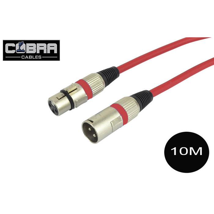 XLR Mic Audio Cable 10 Metre Long Lead - Soft Red Cable Metal Plugs