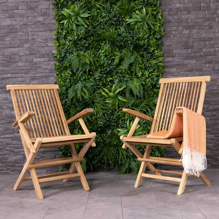 Pair of Folding Teak Garden Arm Chairs