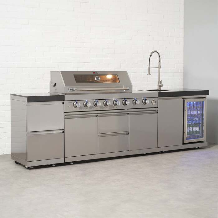 Draco Grills 6 Burner BBQ Modular Outdoor Kitchen with Double Drawers, Single Fridge and Sink Unit, Mid May 2026 / Without Granite Side Panels