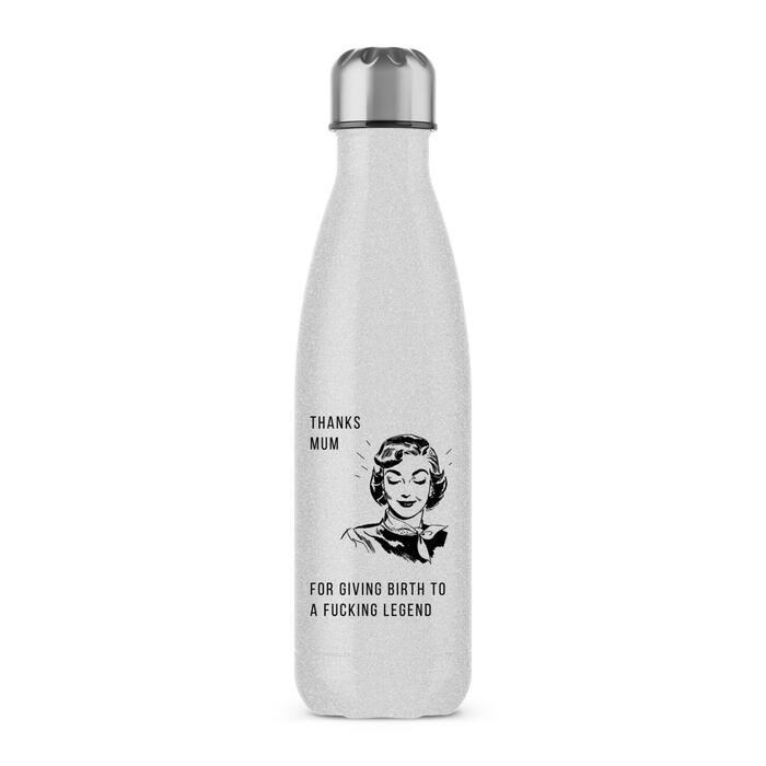 Thanks Mum Water Bottle - Silver Glitter, One