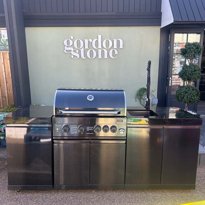 Ex Display Draco Grills 4 Burner Black Stainless Steel Outdoor Kitchen with Sink Unit and Single Cupboard