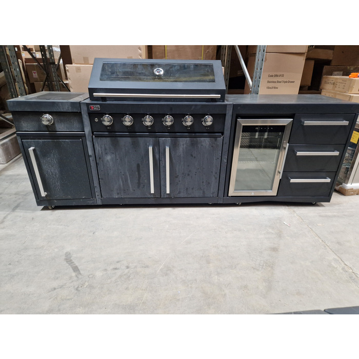 Ex Display Draco Grills Fusion 6 Burner Black Outdoor Kitchen with Side Burner and Single Fridge Unit