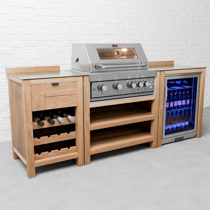 Draco Grills Teak 4 Burner Outdoor Kitchen with Modular Wine Cabinet and Single Fridge, Early March 2026 / With Side Panels