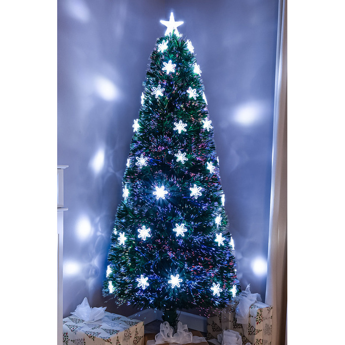 Green Fibre Optic Christmas Tree 2ft - 7ft with Multi Coloured Fibre Optics, White LED Lights and Snowflakes, 5FT