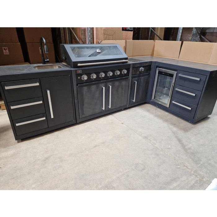 Ex Display Draco Grills Fusion 6 Burner Black Outdoor Kitchen with Side Burner, Single Fridge and Sink Unit