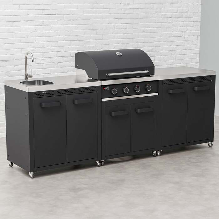 Draco Grills Titan 4 Burner Black Outdoor Kitchen Gas Barbecue with Double Cupboard and Sink, Mid February 2026