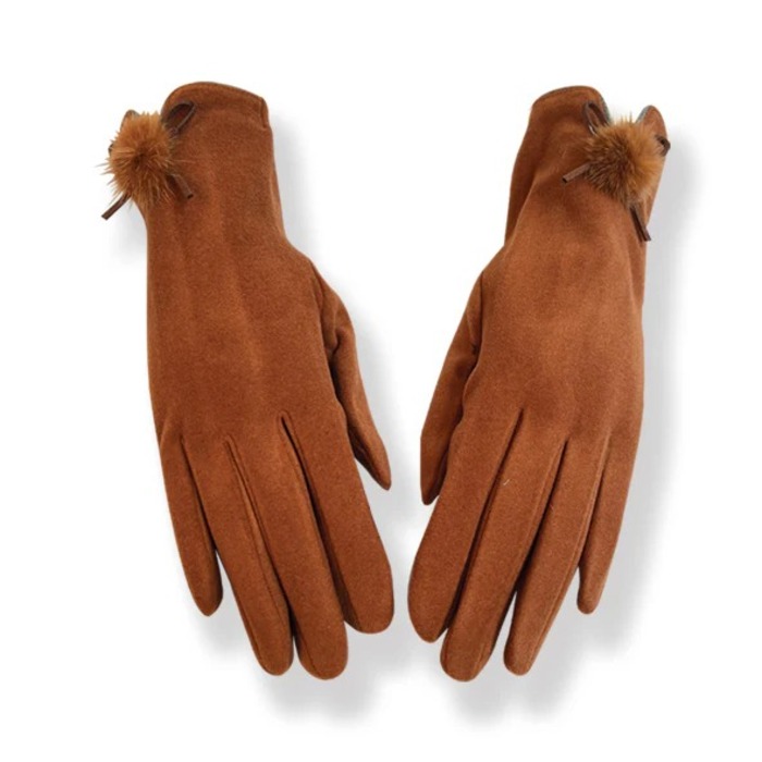 Couthie Ladies Plain Brown Gloves with Pom Pom