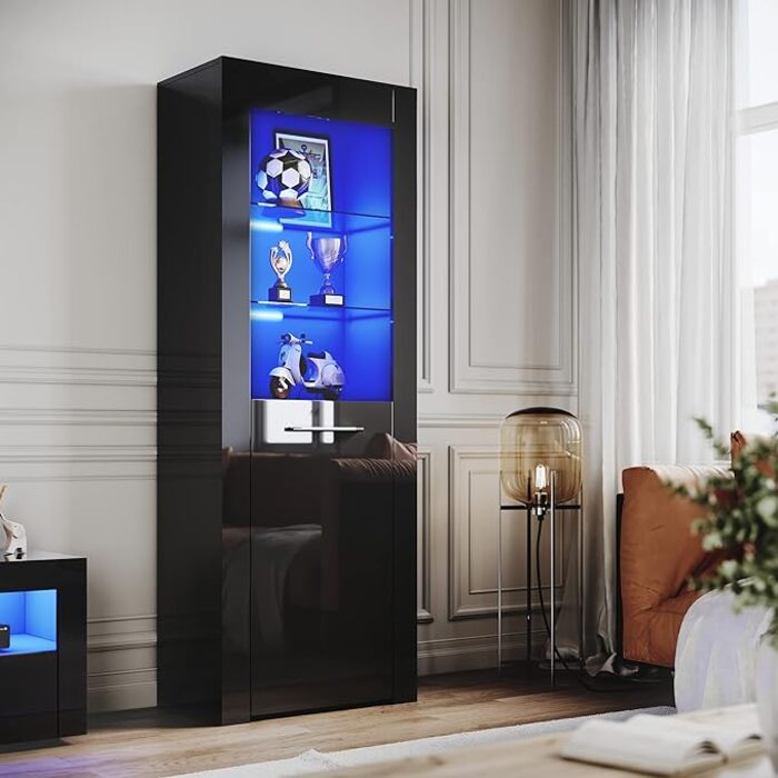 ELEGANT High Gloss Black Display Cabinet Sideboard Storage Door Cupboard with LED Lights