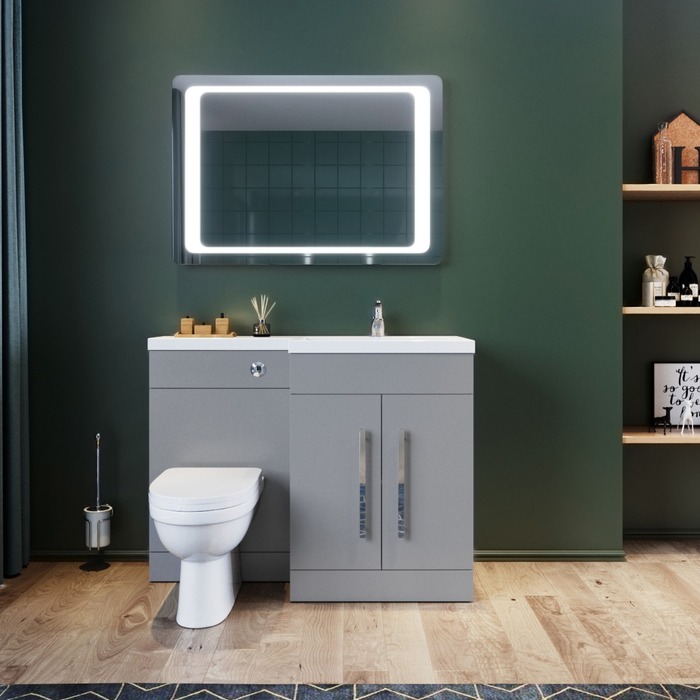 ELEGANT 1100mm Right Hand High Matt Grey Vanity Unit & Back to Wall Toilet Unit with D-Shape Toilet & Basin