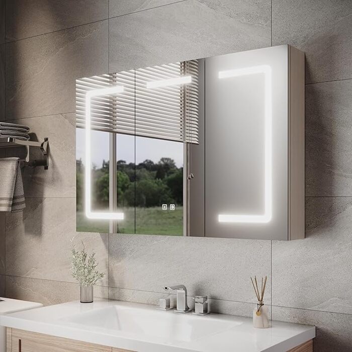 ELEGANT 900 x 600mm LED Illuminated Mirror Cabinet with Touch Sensor, Anti-Fog & Shaving Socket, Beige