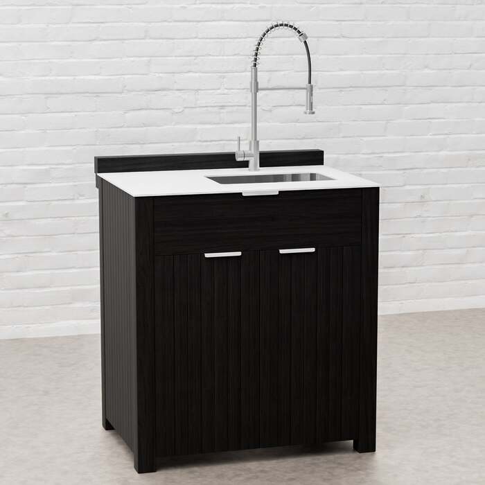 Draco Grills Teak Carbon Line Modular Outdoor Kitchen Sink Cabinet with Ceramic Top