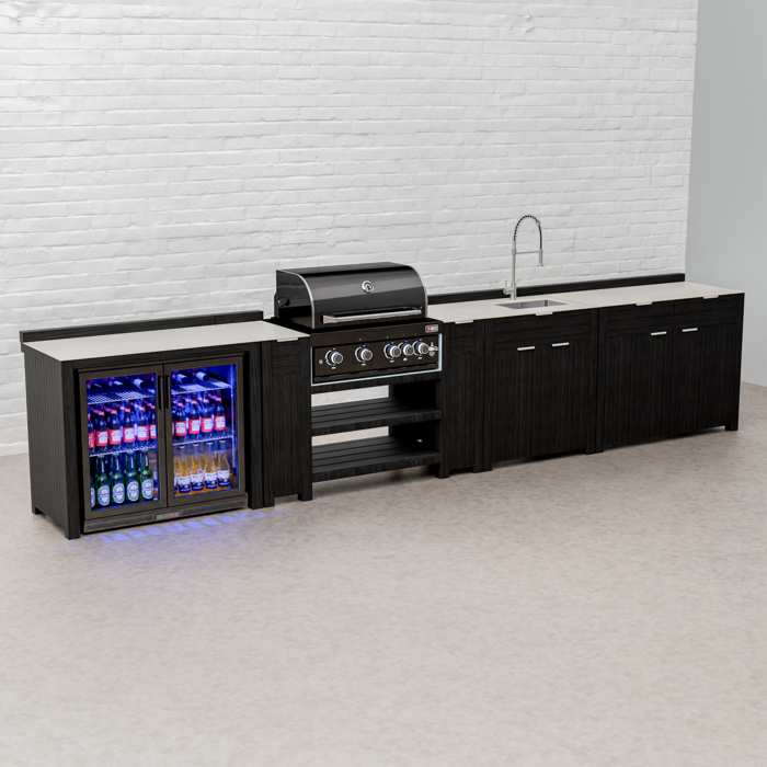Draco Grills Teak Carbon Line Modular Outdoor Kitchen 4 Burner Black Stainless Steel Barbecue with Sink, Double Drawer and Double Fridge Cabinet