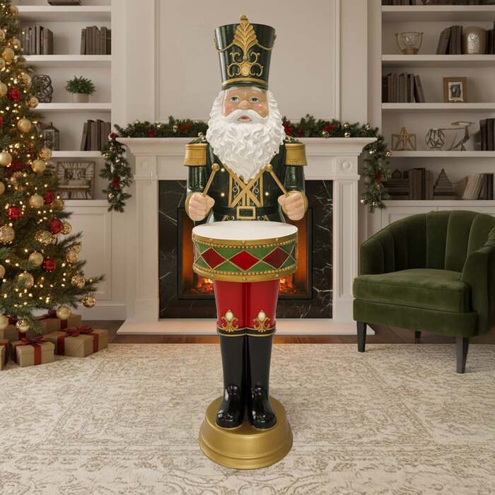 4. 5ft Large Traditional Christmas Nutcracker Santa Drummer Green with LED Lights