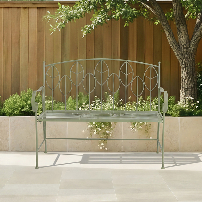 Sage Green Leaf Design Rustic Metal Garden Bench