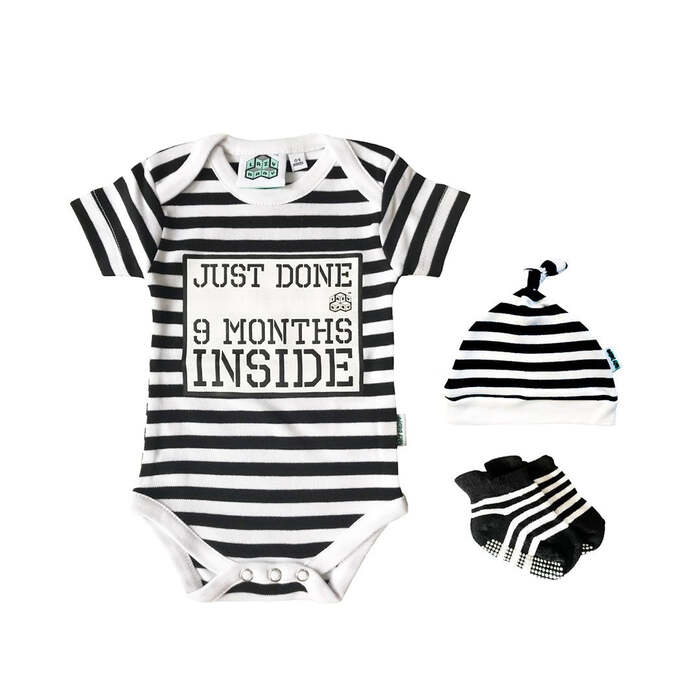 Just Done 9 Months Inside® Onesie Gift Set - Baby Shower Gift - Vest, Hat and Socks Bundle