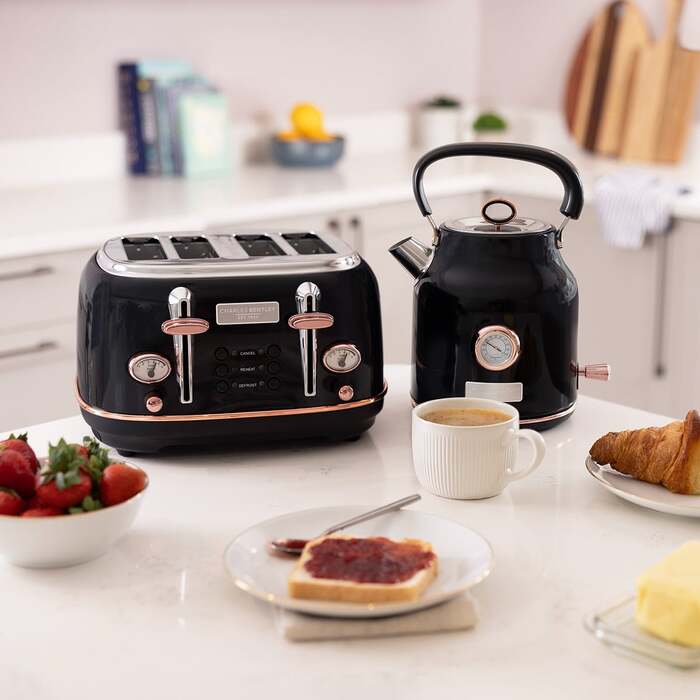 1.7L Kettle & 4 Slice Toaster Set Black & Rose Gold Coloured