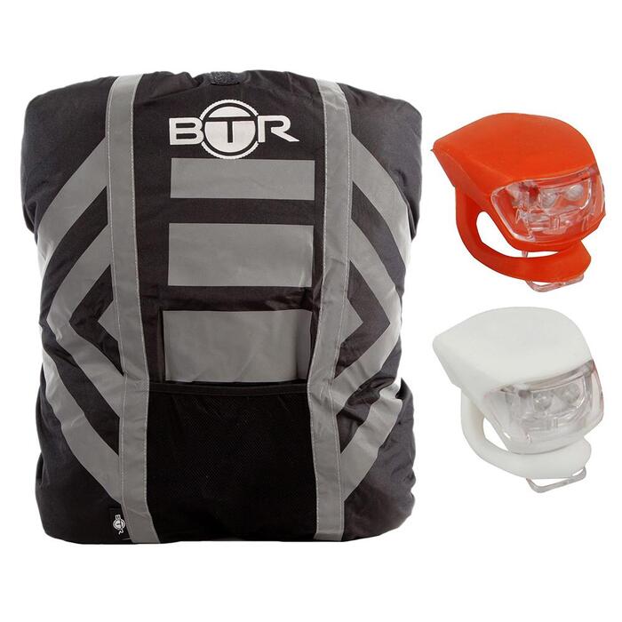 BTR Waterproof High Vis Reflective Backpack Rain Cover with 2 x LED Bicycle Lights