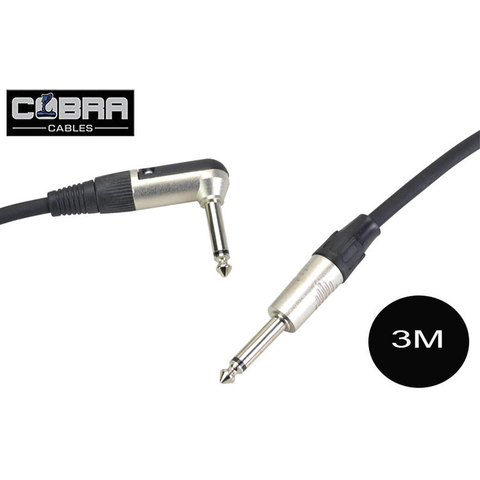 Guitar Lead Right Angle Jack to Straight Jack 3m Black