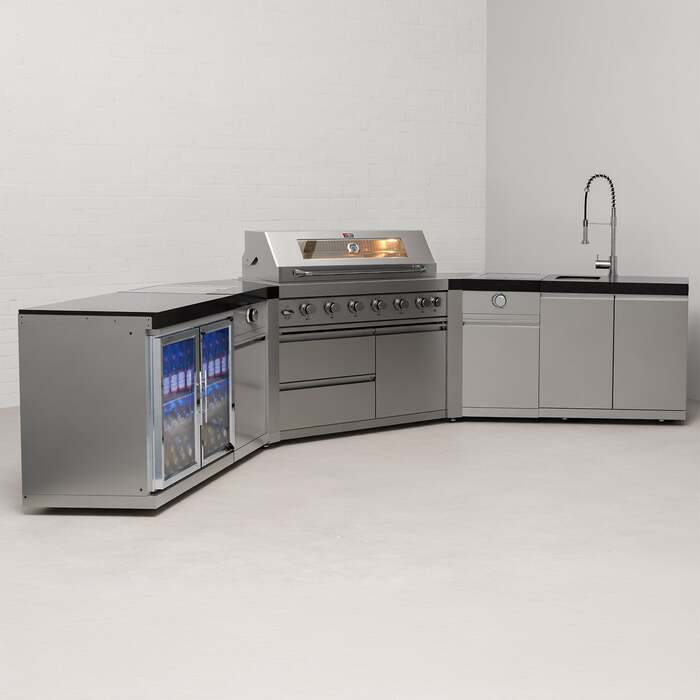 Draco Grills 6 Burner BBQ Modular Outdoor Kitchen with Searing Stations, Double Fridge and Sink, With Granite Side Panels