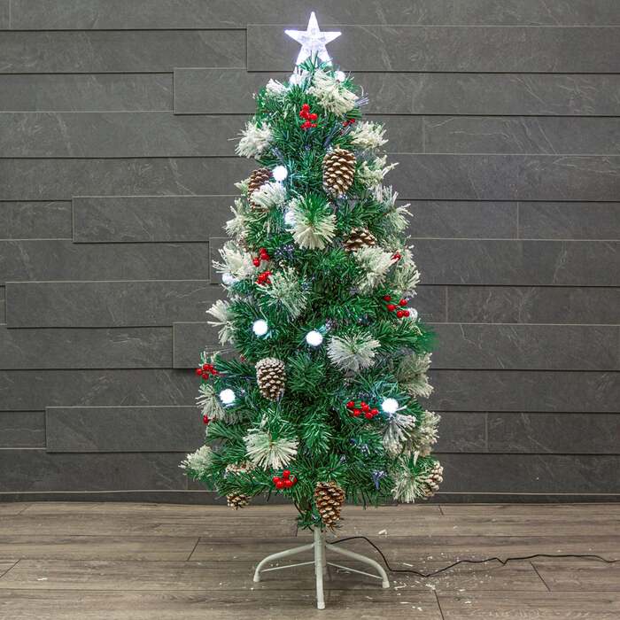 Flocked Green Pine Christmas Tree 4ft to 6ft with White Fibre Optic and LED's, Berries and Cones, 4ft / 1. 2m