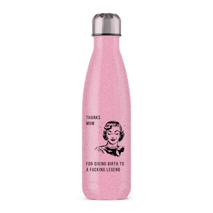 Thanks Mum Water Bottle - Pink Glitter, One