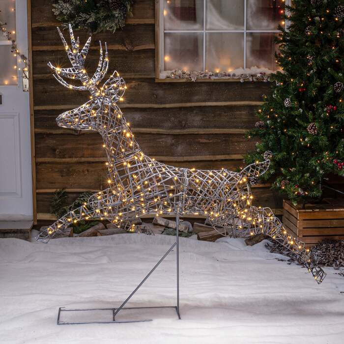 1. 5M Grey Wicker Outdoor Light Up Christmas Leaping Stag With 300 White LEDS