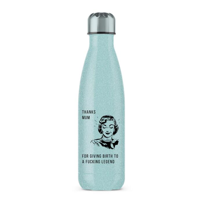 Thanks Mum Water Bottle - Blue Glitter, One