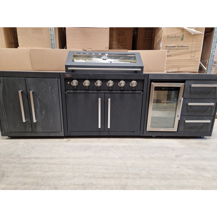 Ex Display Draco Grills Fusion 6 Burner Black Outdoor Kitchen with Single Fridge and Double Cupboard