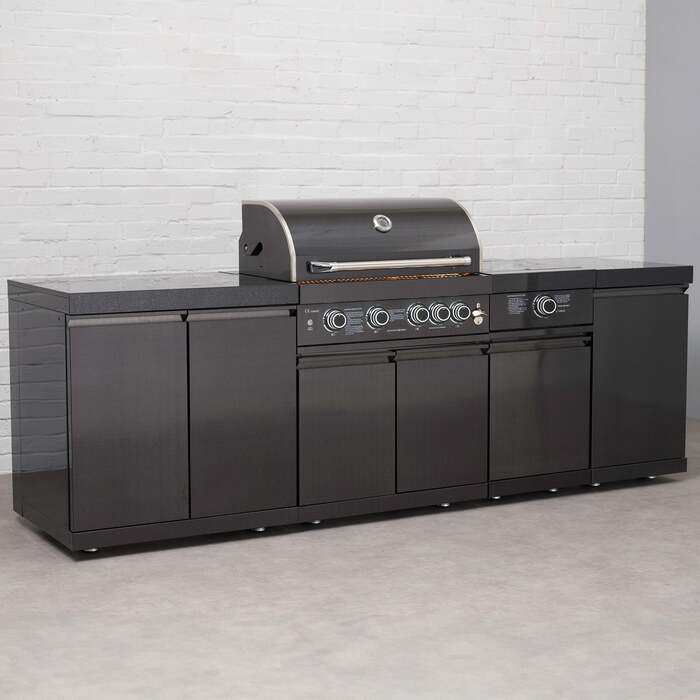 Draco Grills 4 Burner BBQ Black Stainless Steel Modular Outdoor Kitchen with Sear Station and Cabinets, Without Side Panels