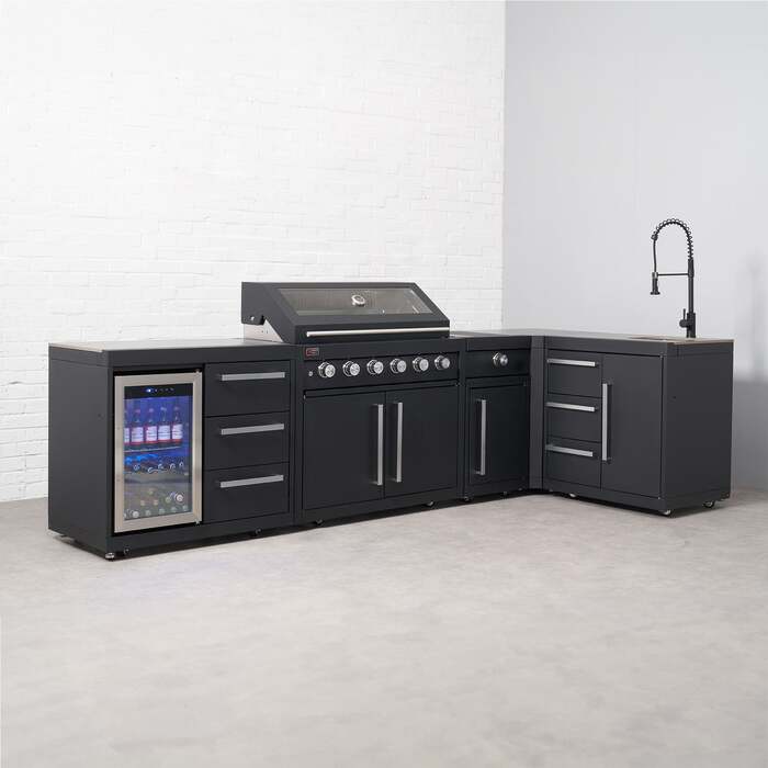 Draco Grills Fusion 6 Burner Black Outdoor Kitchen with Modular Side Burner, Single Fridge, Sink, 90 Degree Corner, Mid March 2026