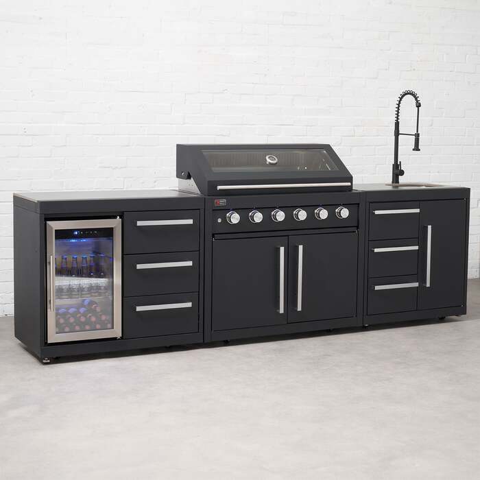 Draco Grills Fusion 6 Burner Black Outdoor Kitchen with Modular Single Fridge and Sink, End of January 2026