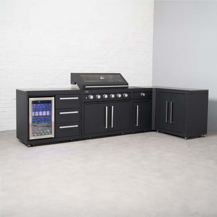 Draco Grills Fusion 6 Burner Black Outdoor Kitchen with Modular Side Burner, Single Fridge, 90 Degree Corner, Double Cupboard, End of February 2026