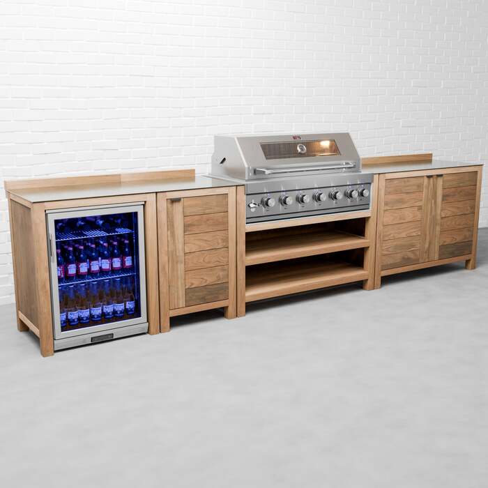 Draco Grills Teak 6 Burner Outdoor Kitchen with Modular Single & Double Cupboards and Single Fridge, End of February 2026 / With Side Panels