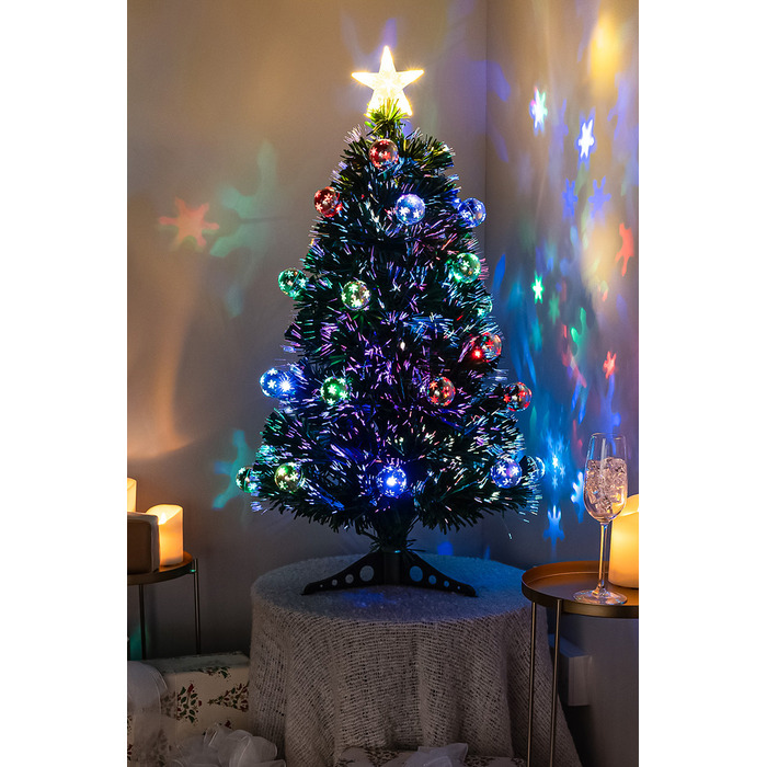 2ft - 7ft Green Fibre Optic Christmas Tree with Multi Coloured LED Lights and Baubles, 3FT