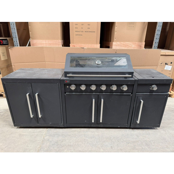 Ex Display Draco Grills Fusion 6 Burner Black Outdoor Kitchen with Side Burner and Double Cupboard