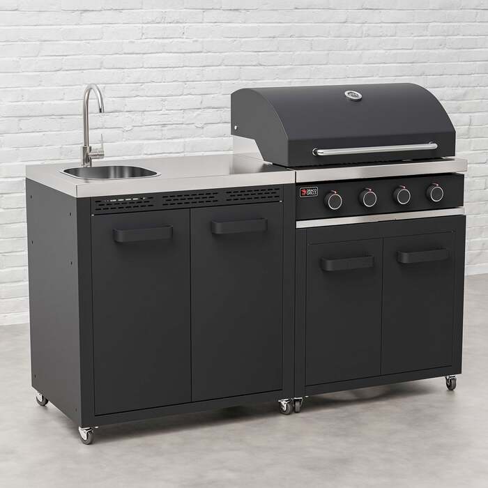 Draco Grills Titan 4 Burner Black Outdoor Kitchen Gas Barbecue with Sink Cabinet, Late February 2026