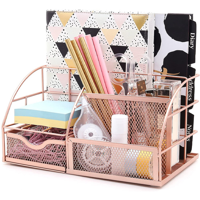 EXERZ Desk Organiser with 7 Compartments -Mesh Desk Tidy Caddy - Rose Gold