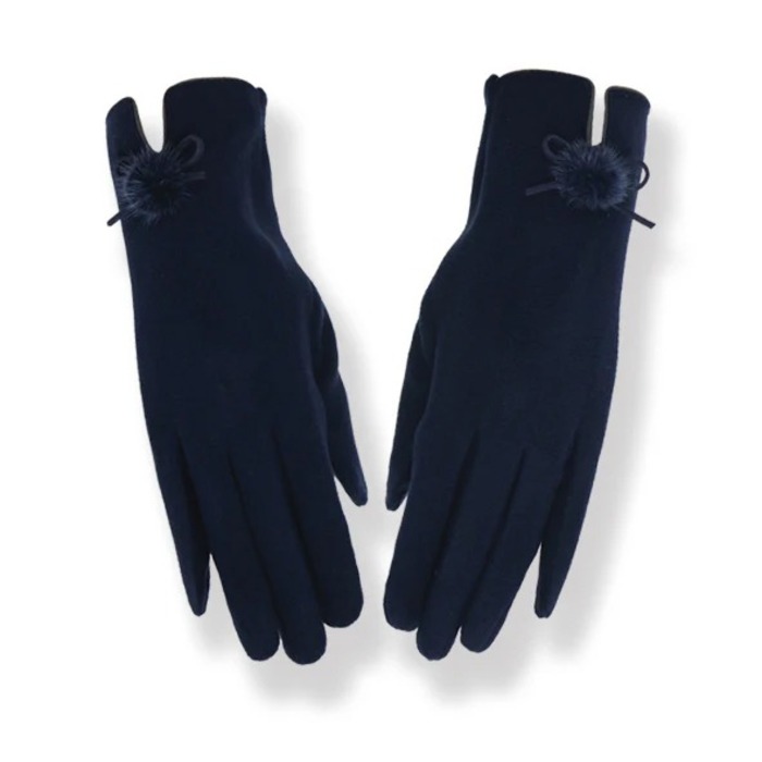 Couthie Ladies Plain Navy Gloves with Pom Pom