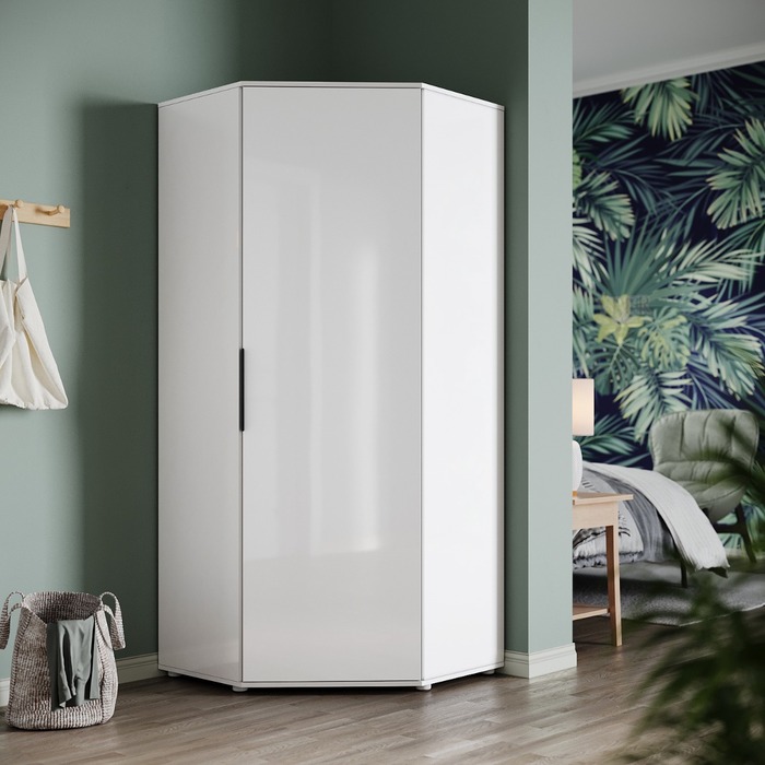 ELEGANT Corner Wardrobe with 2 Hanging Rails and 5 Storage Shelves White Gloss