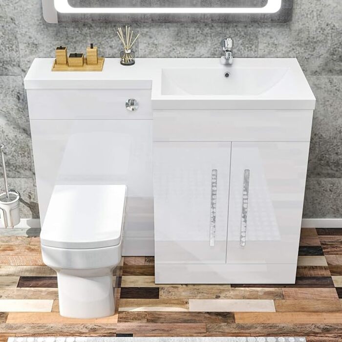 ELEGANT 1100mm Right Hand High Gloss White Vanity Unit & Back to Wall Toilet Unit with Square Toilet & Basin