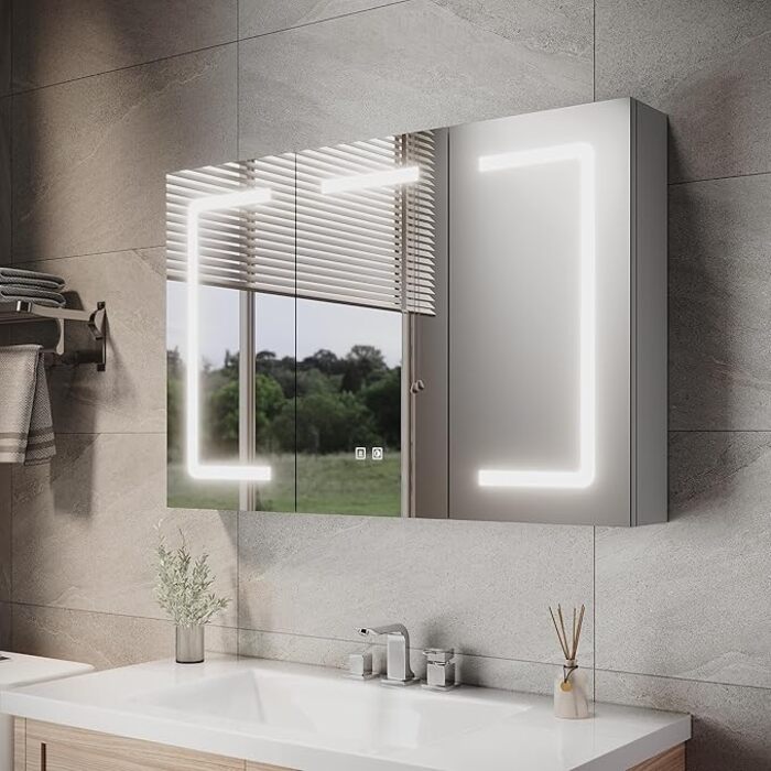 ELEGANT 900 x 600mm LED Illuminated Mirror Cabinet with Touch Sensor, Anti-Fog & Shaving Socket, Grey