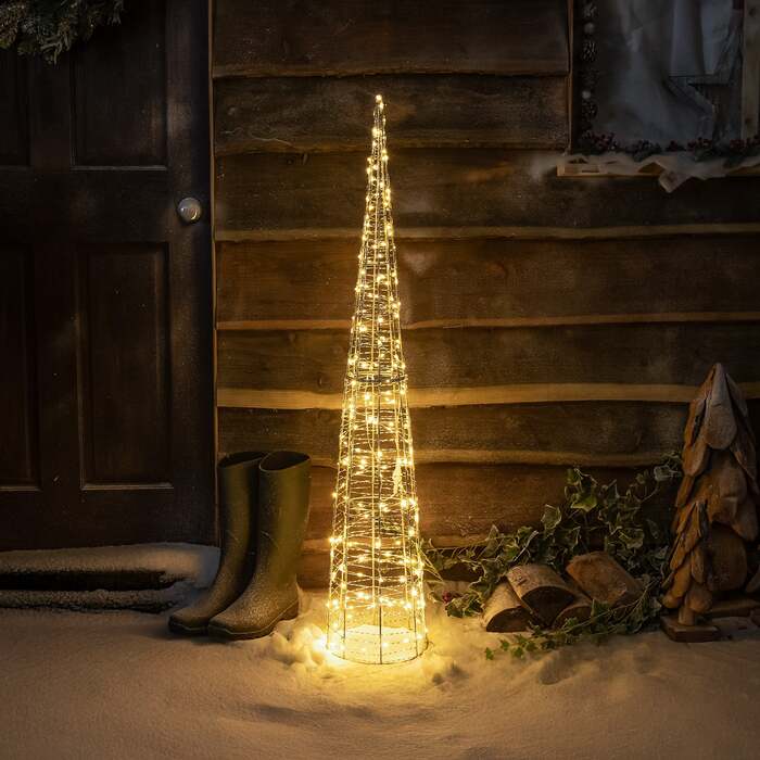 Pre-Lit Christmas Silver Light-Up Cone 120cm with 200 Warm White LEDs