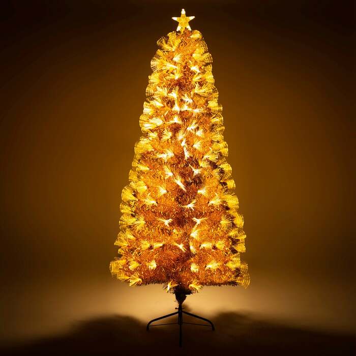 Gold Christmas Tree with Fibre Optics and Warm White LED Lights (2ft to 7ft), 3ft / 90cm