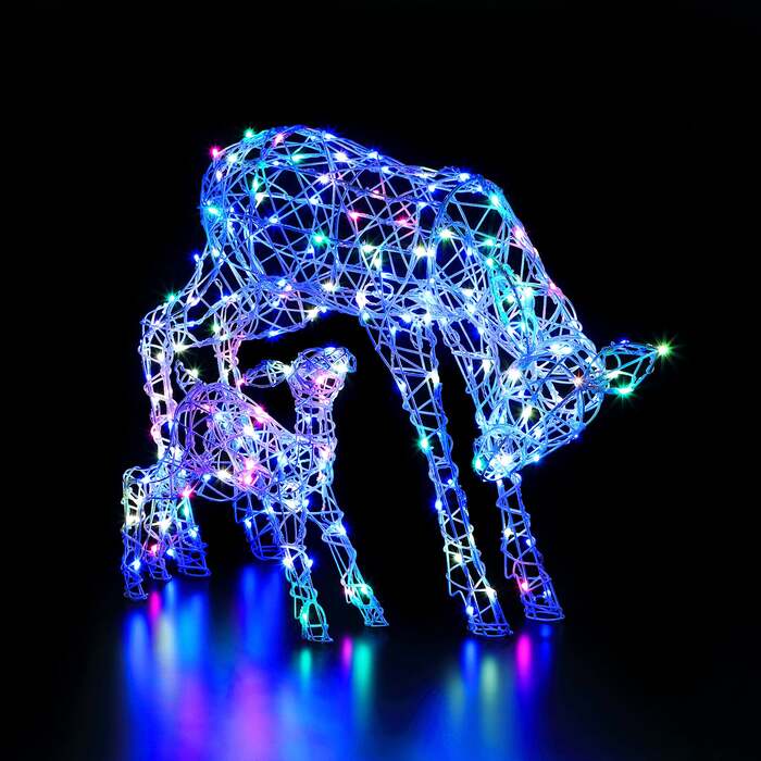 Noma Christmas 70cm Colour Changing White Wicker Mum and Baby Reindeer with 230 LED Lights and Remote
