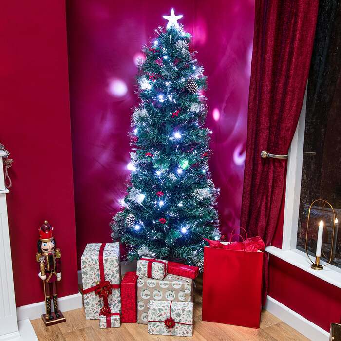 Green Pine Snowy Christmas Tree 4ft to 6ft with LED's, Berries, Cones and White Fibre Optic, 6ft / 1. 8m